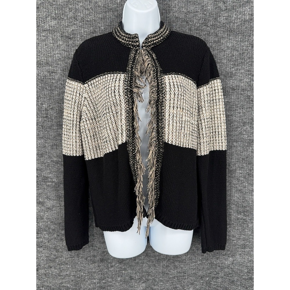 Chicos Cardigan Sweater Womens Large 2 Black Striped Fringe Open Chunky Knit